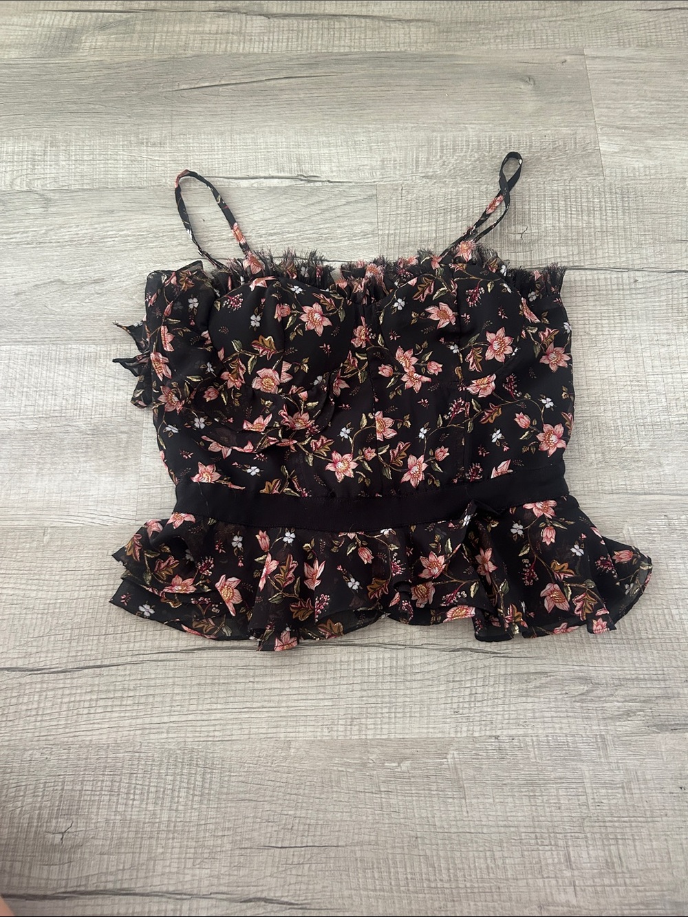 J.O.A. Black Floral Ruffle Peplum Cami